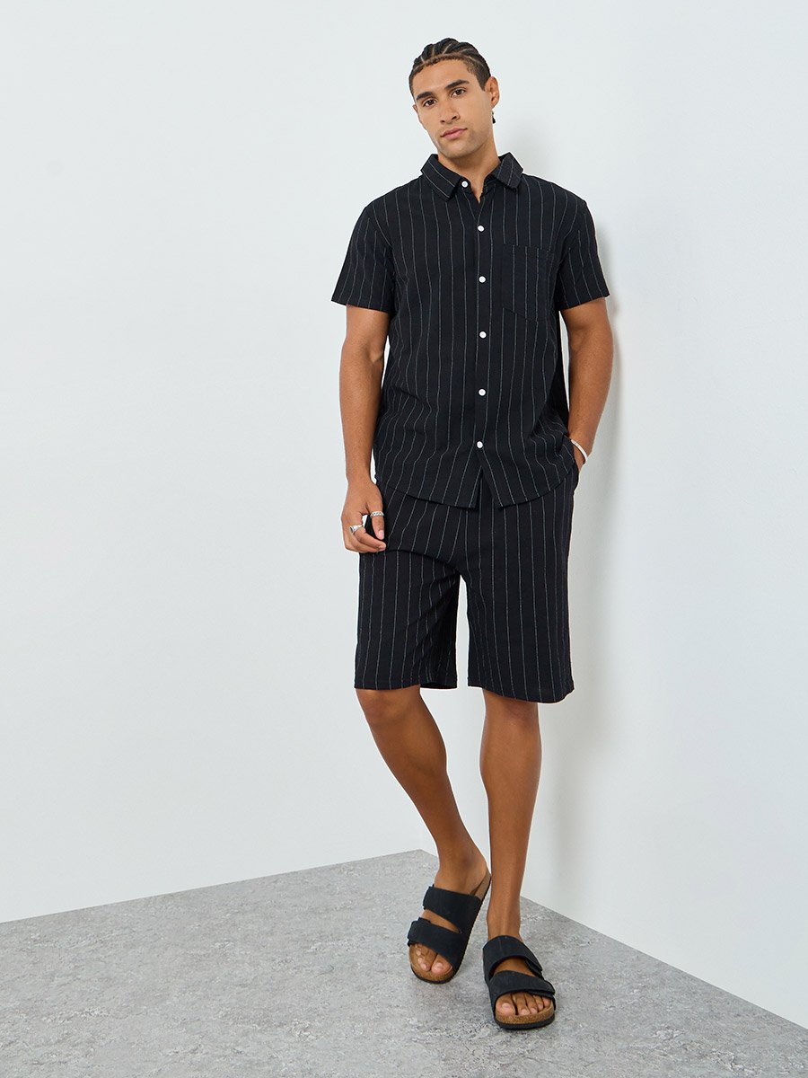 Men Pinstripe Pocket Detail Shirt and Shorts Co-Ords