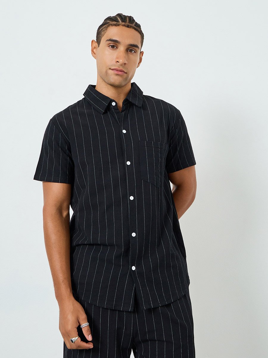 Men Pinstripe Pocket Detail Shirt and Shorts Co-Ords