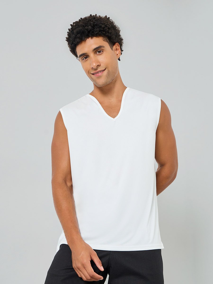 Men White Solid V-Neck Tank