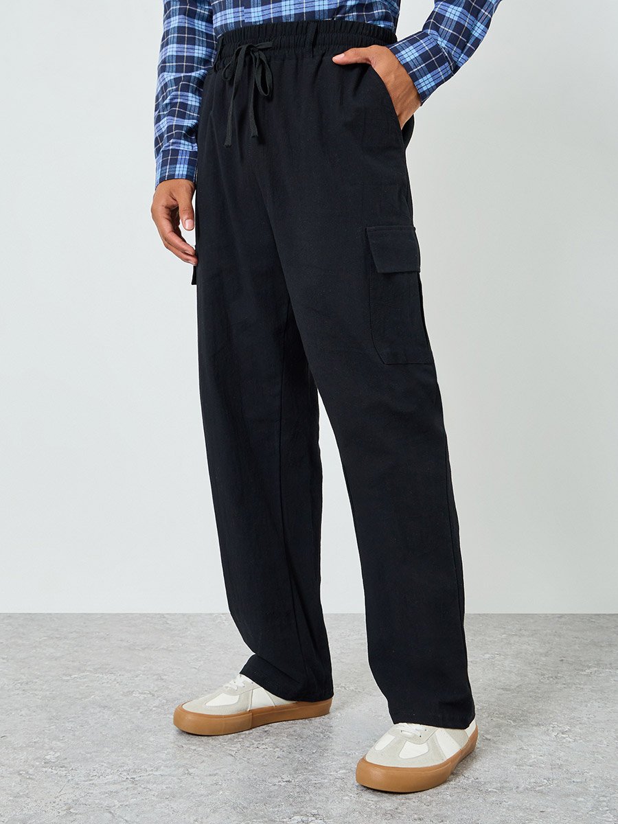 Men Black Cargo Trousers with Drawstring