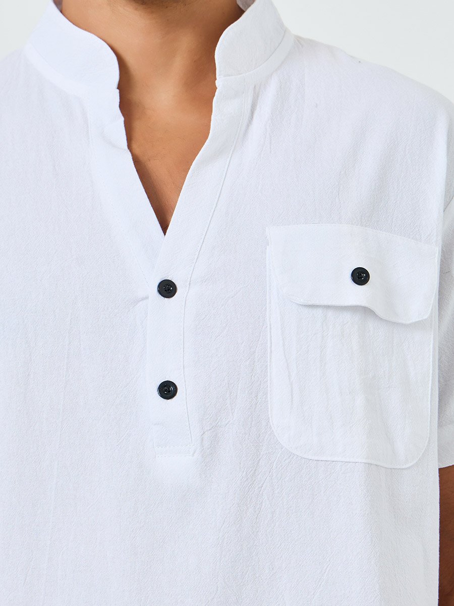Men White Mandarin Collar Short Sleeve Shirt