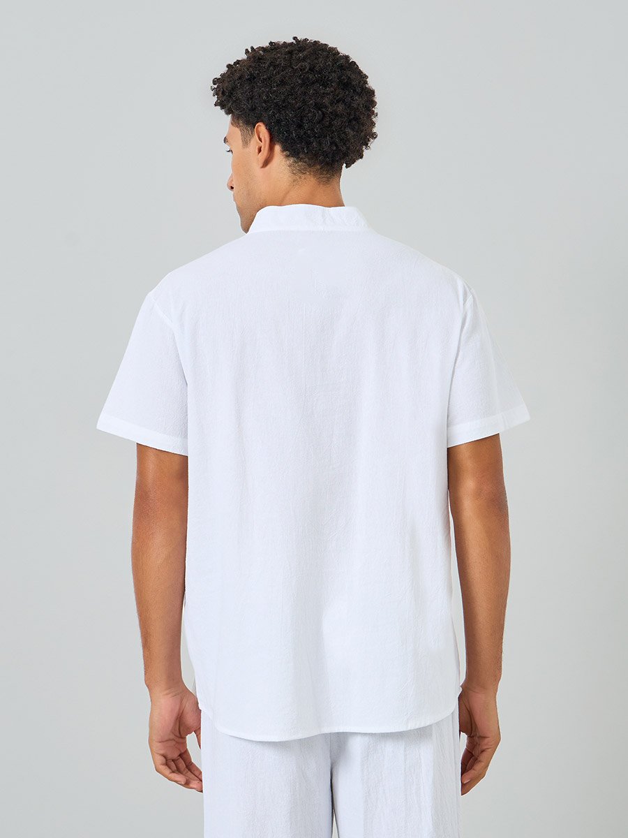 Men White Mandarin Collar Short Sleeve Shirt