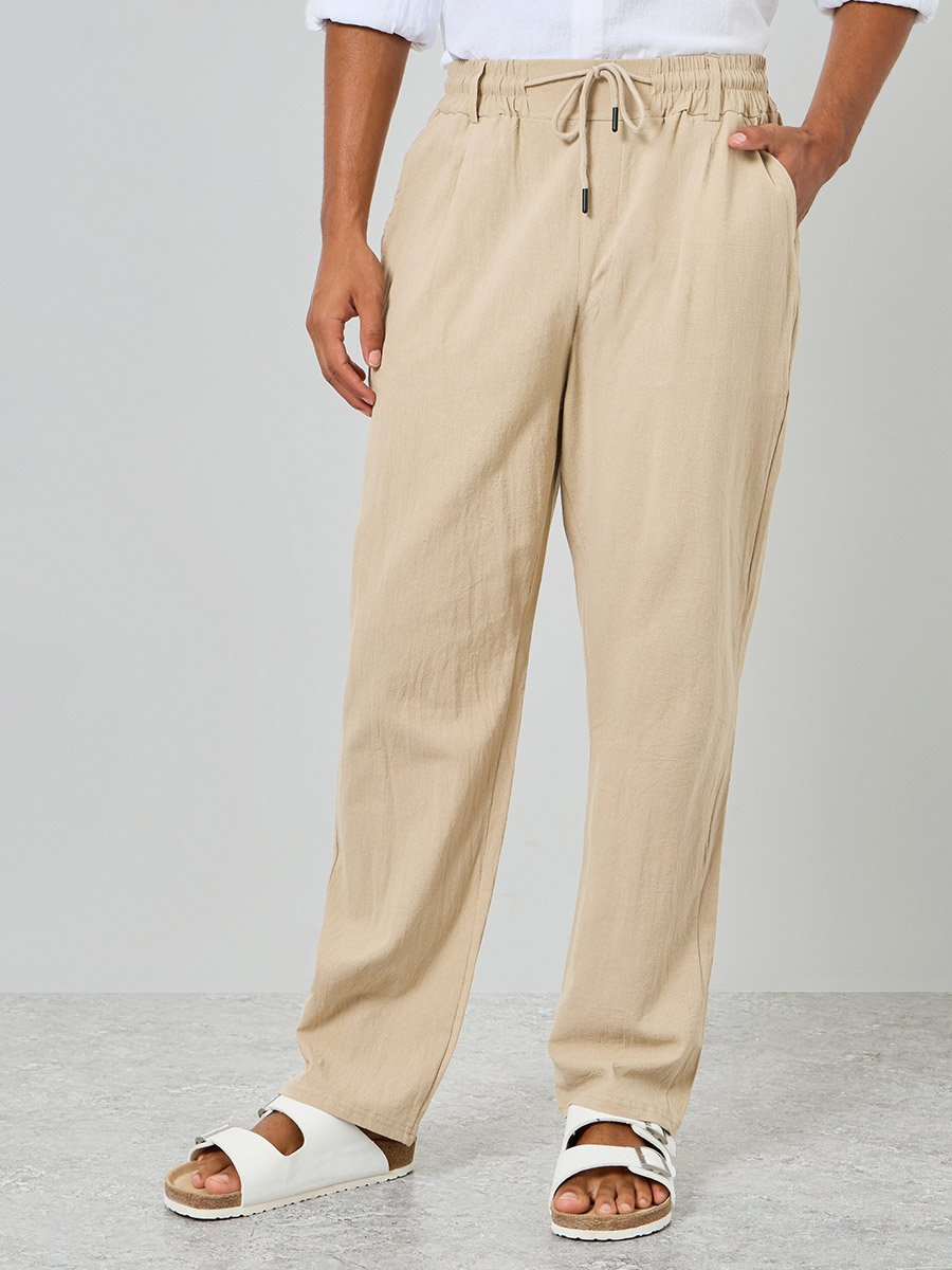 Men Beige Linen Blend Relaxed Fit Trousers