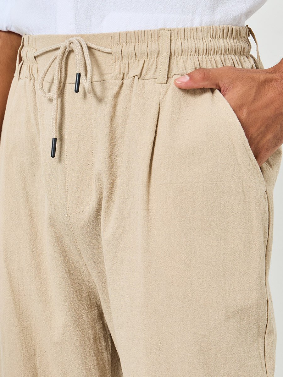 Men Beige Linen Blend Relaxed Fit Trousers