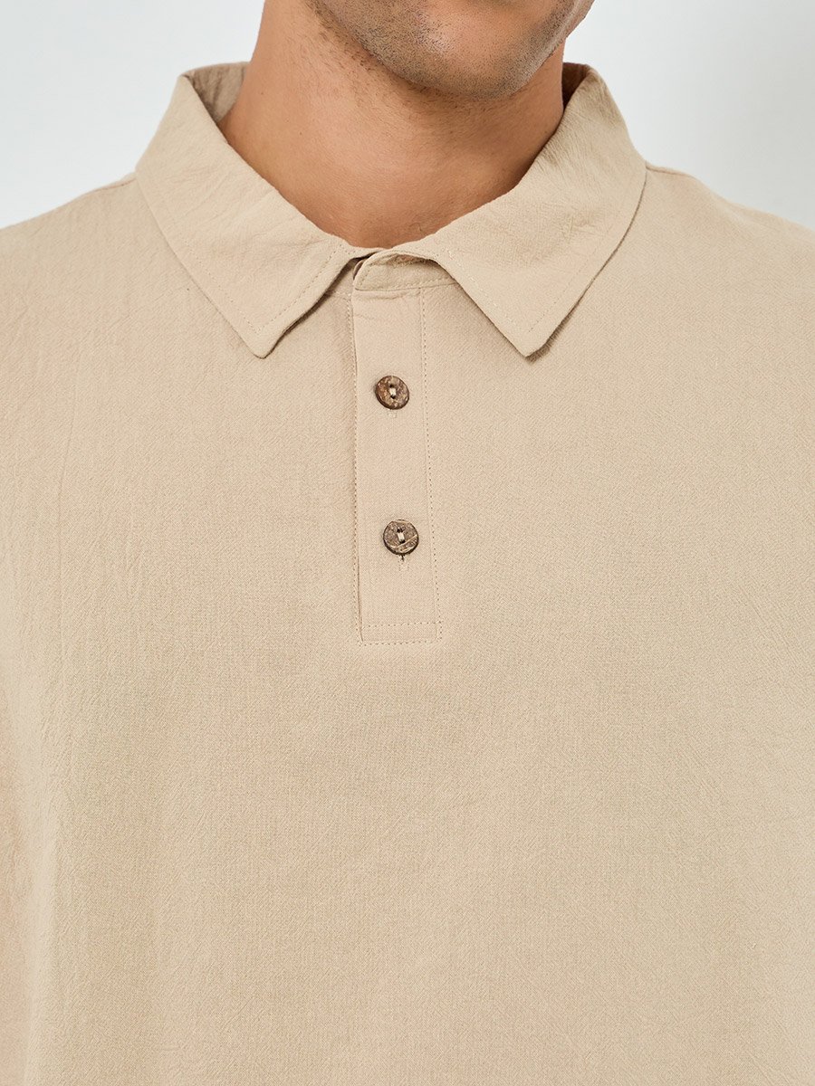 Men Beige Linen Blend Short Sleeve Polo
