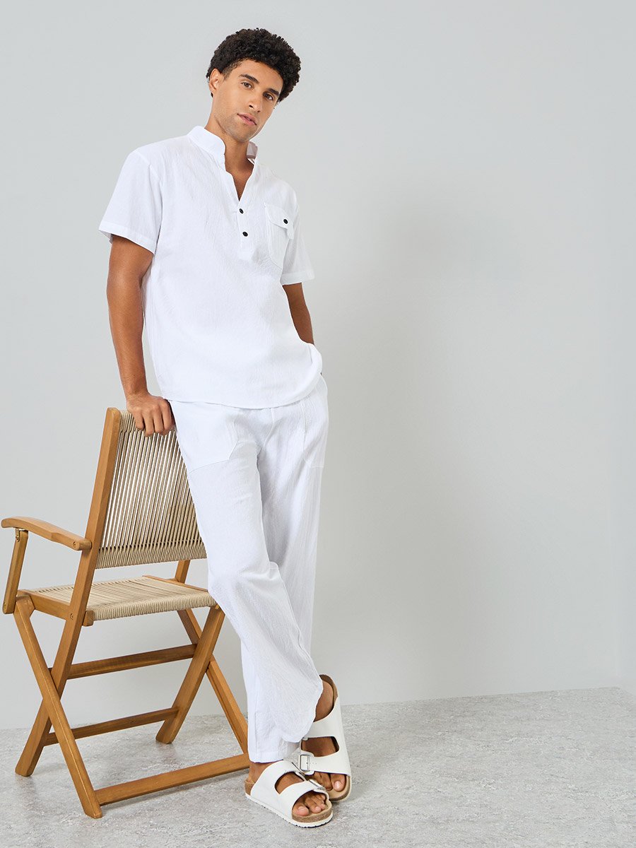 Men White Linen Relaxed Fit Trousers