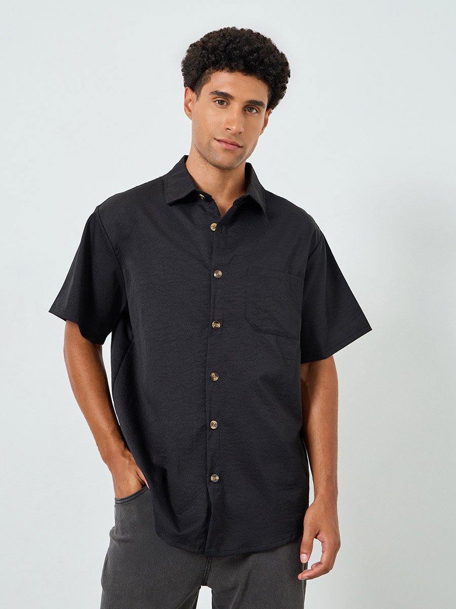 Men Black Pocket Detail Short Sleeve Shirt