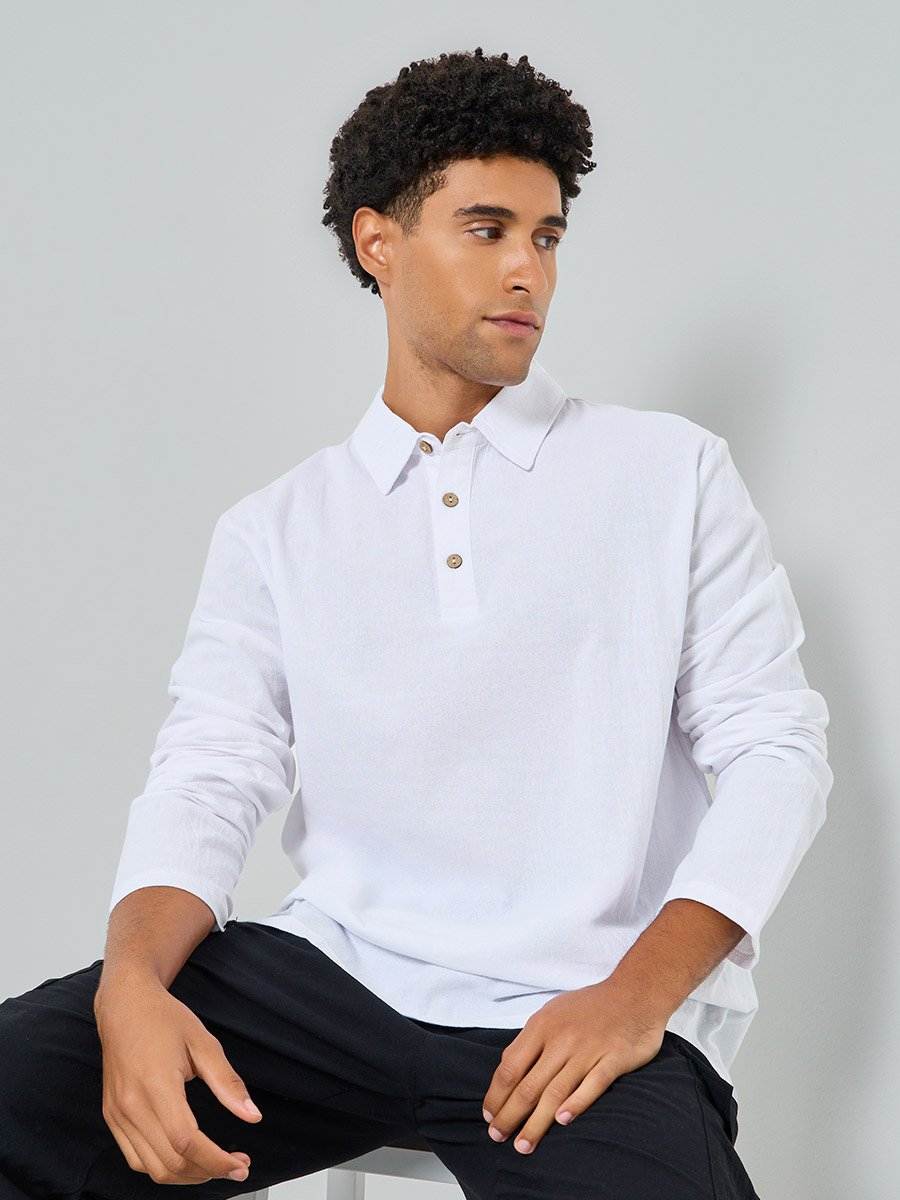 Men White Long Sleeve Linen Blend Polo