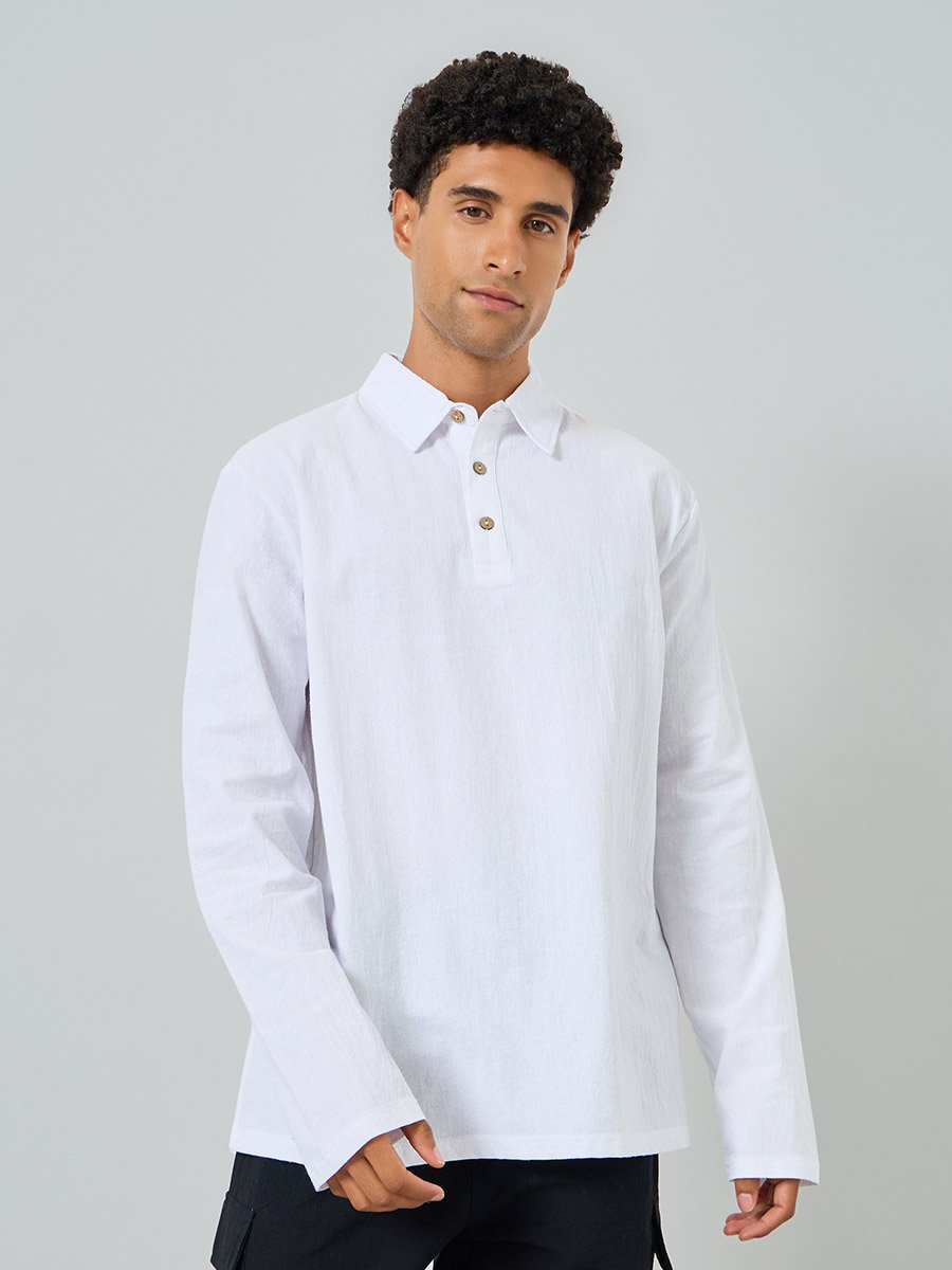 Men White Long Sleeve Linen Blend Polo