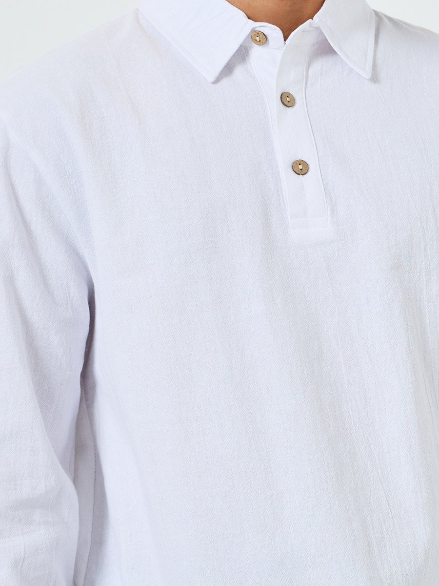 Men White Long Sleeve Linen Blend Polo