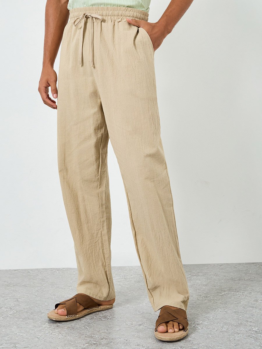 Men Beige Linen Blend Drawstring Pants