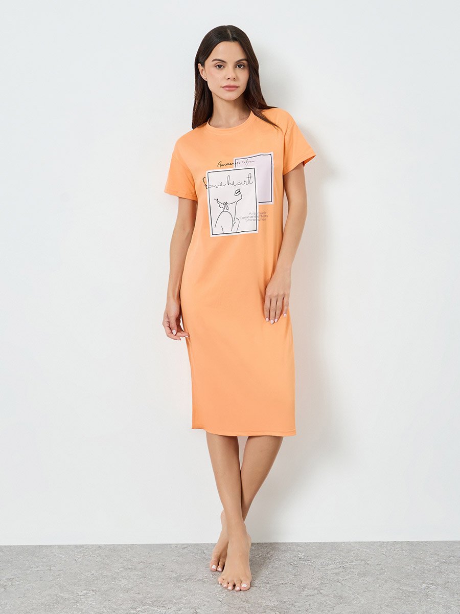 Orange Graphic Print Short Sleeve T-Shirt Dress