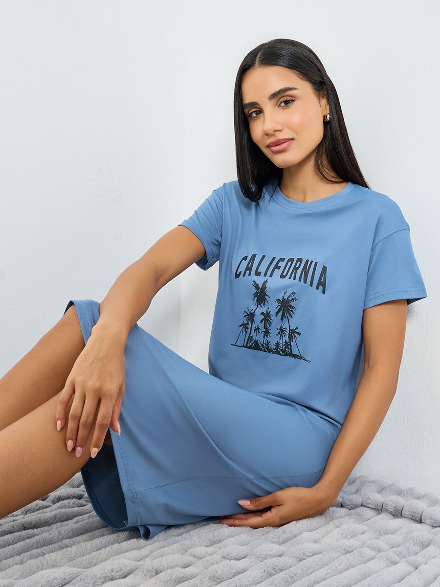 california t shirt dress Blue California Print T-Shirt Dress For Women at Kuwait