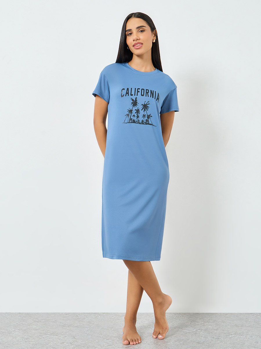 Blue California Print T-Shirt Dress