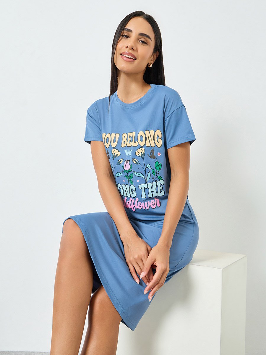 Blue Wildflower Print T-Shirt Dress