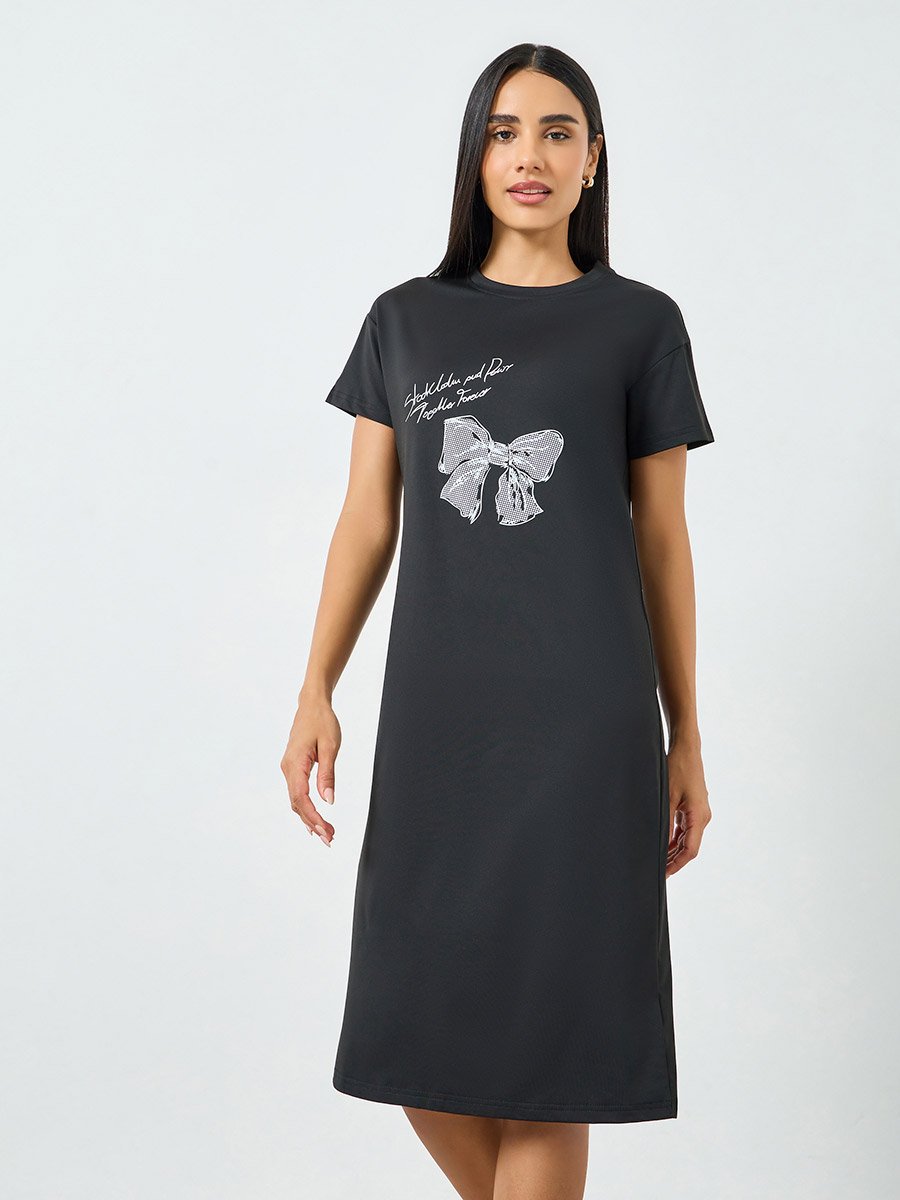 Black Printed Short Sleeve T-Shirt Dress