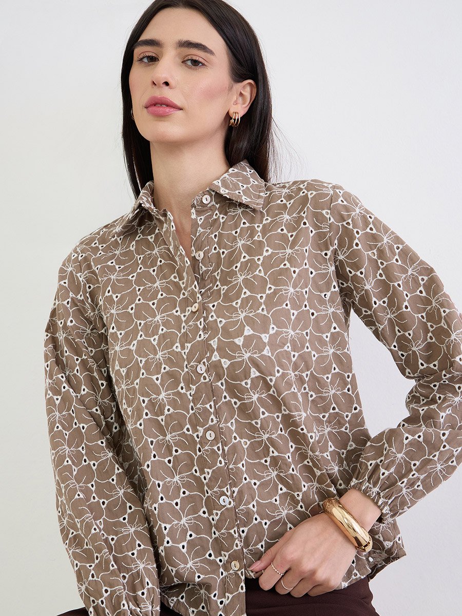 Brown Floral Embroidered Cotton Shirt
