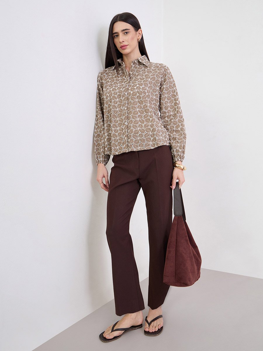 Brown Floral Embroidered Cotton Shirt