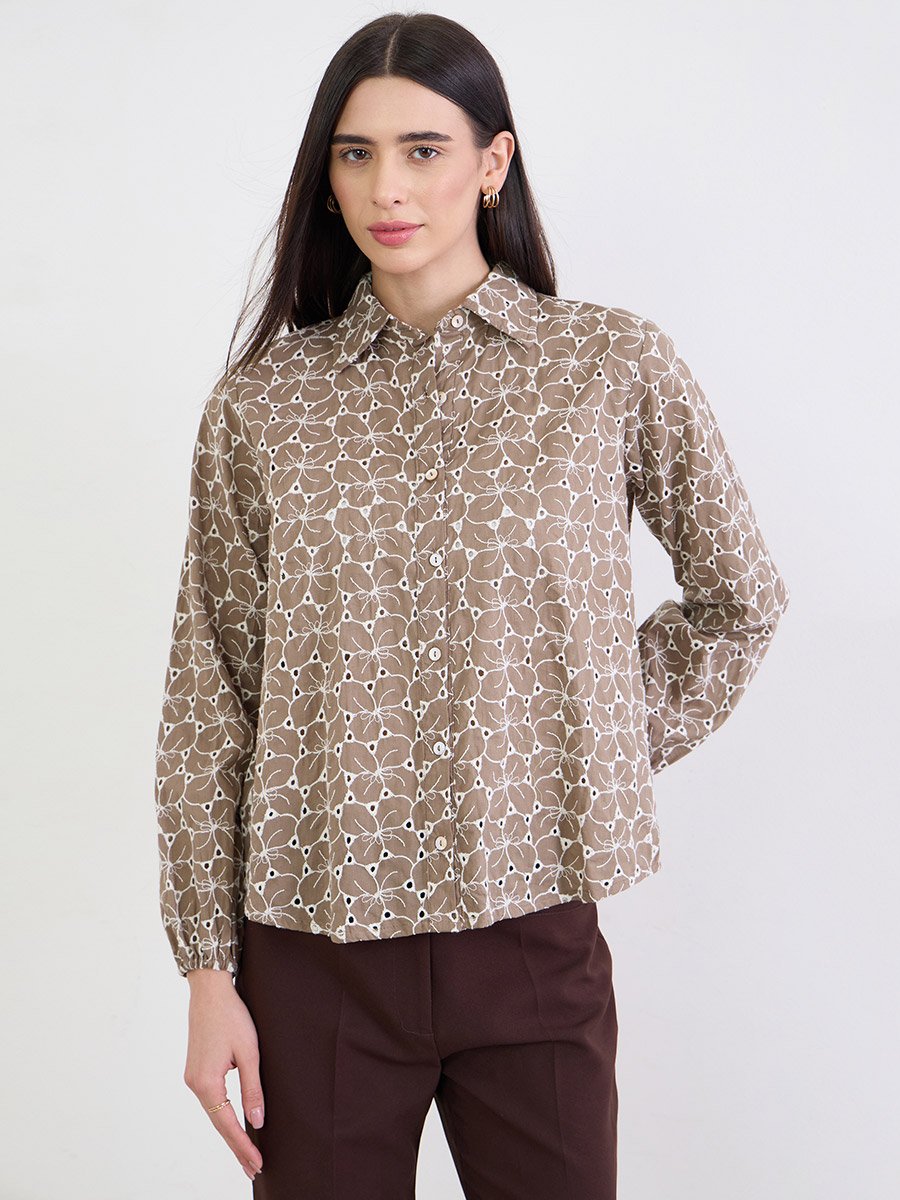 Brown Floral Embroidered Cotton Shirt