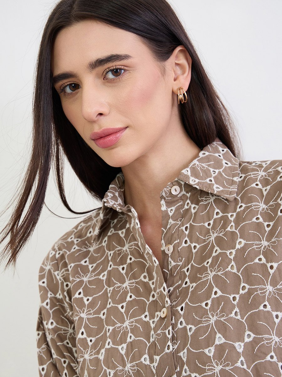 Brown Floral Embroidered Cotton Shirt