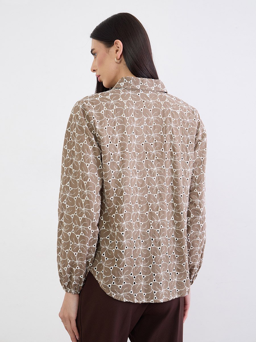 Brown Floral Embroidered Cotton Shirt
