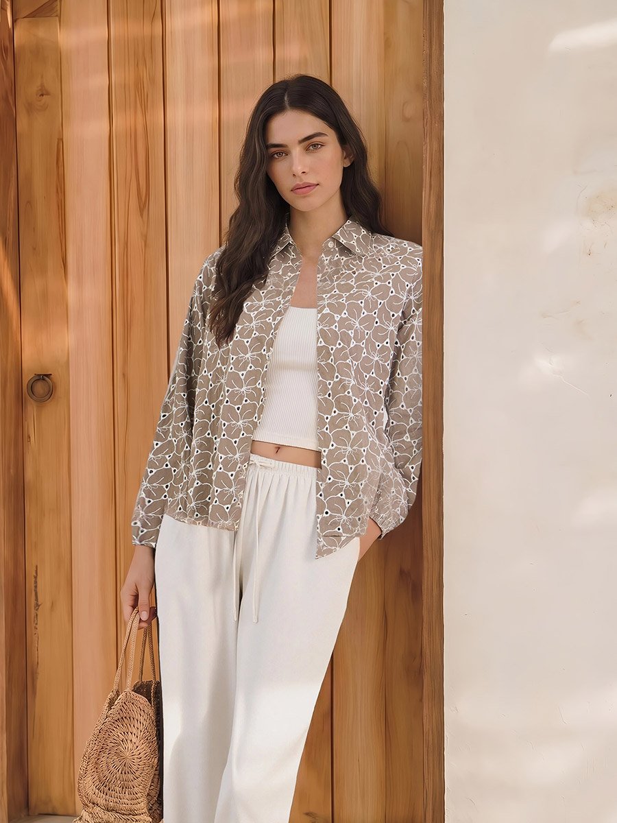 Brown Floral Embroidered Cotton Shirt