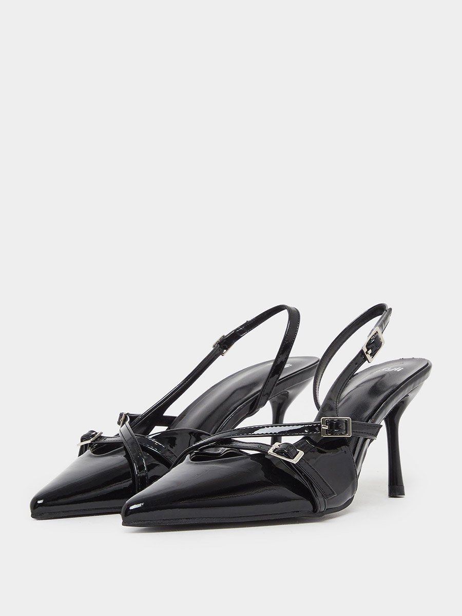 Black Patent Buckled Slingback Shoes