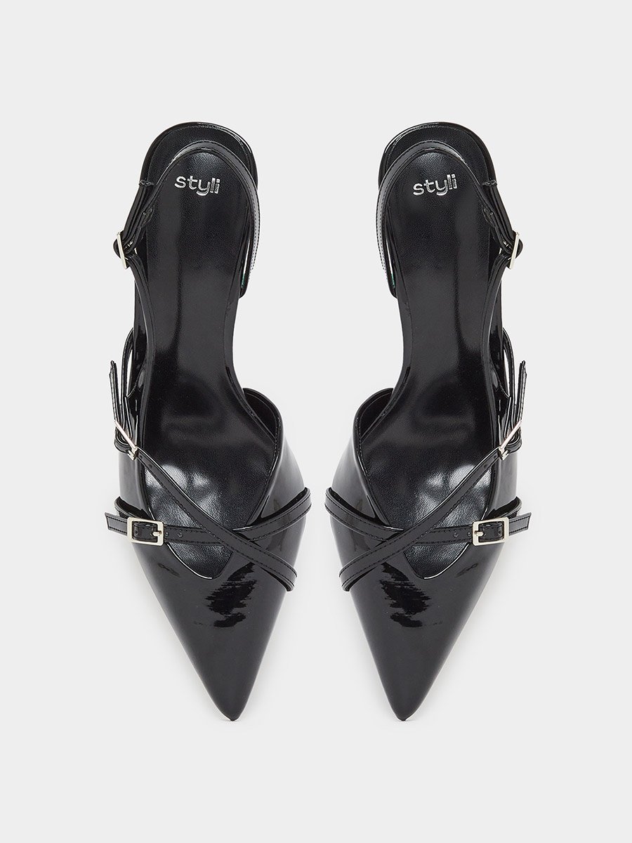 Black Patent Buckled Slingback Shoes