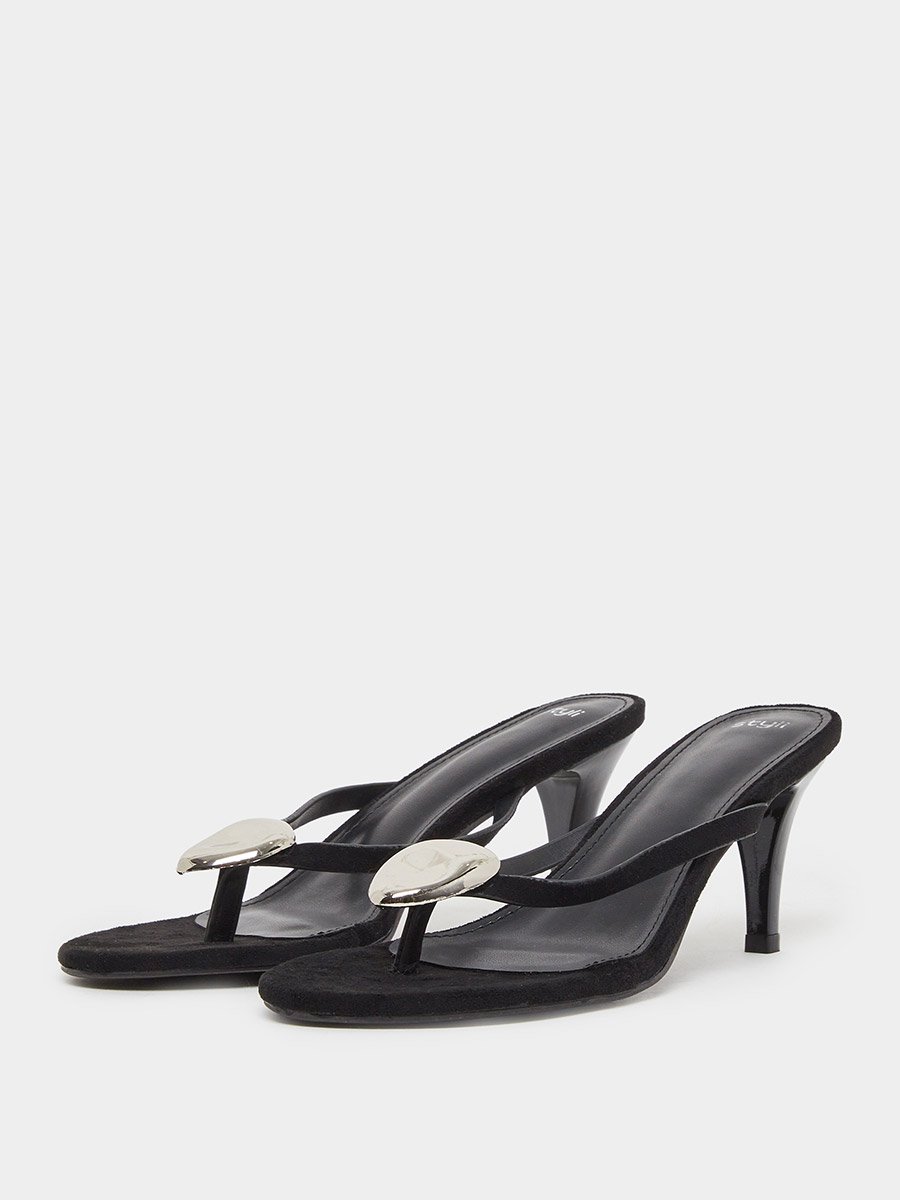 Black Cone Heels Sandals with Gold Detail
