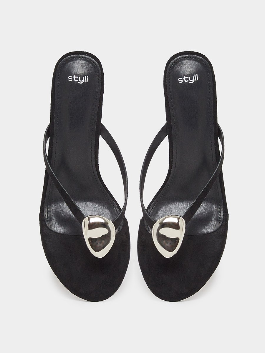 Black Cone Heels Sandals with Gold Detail