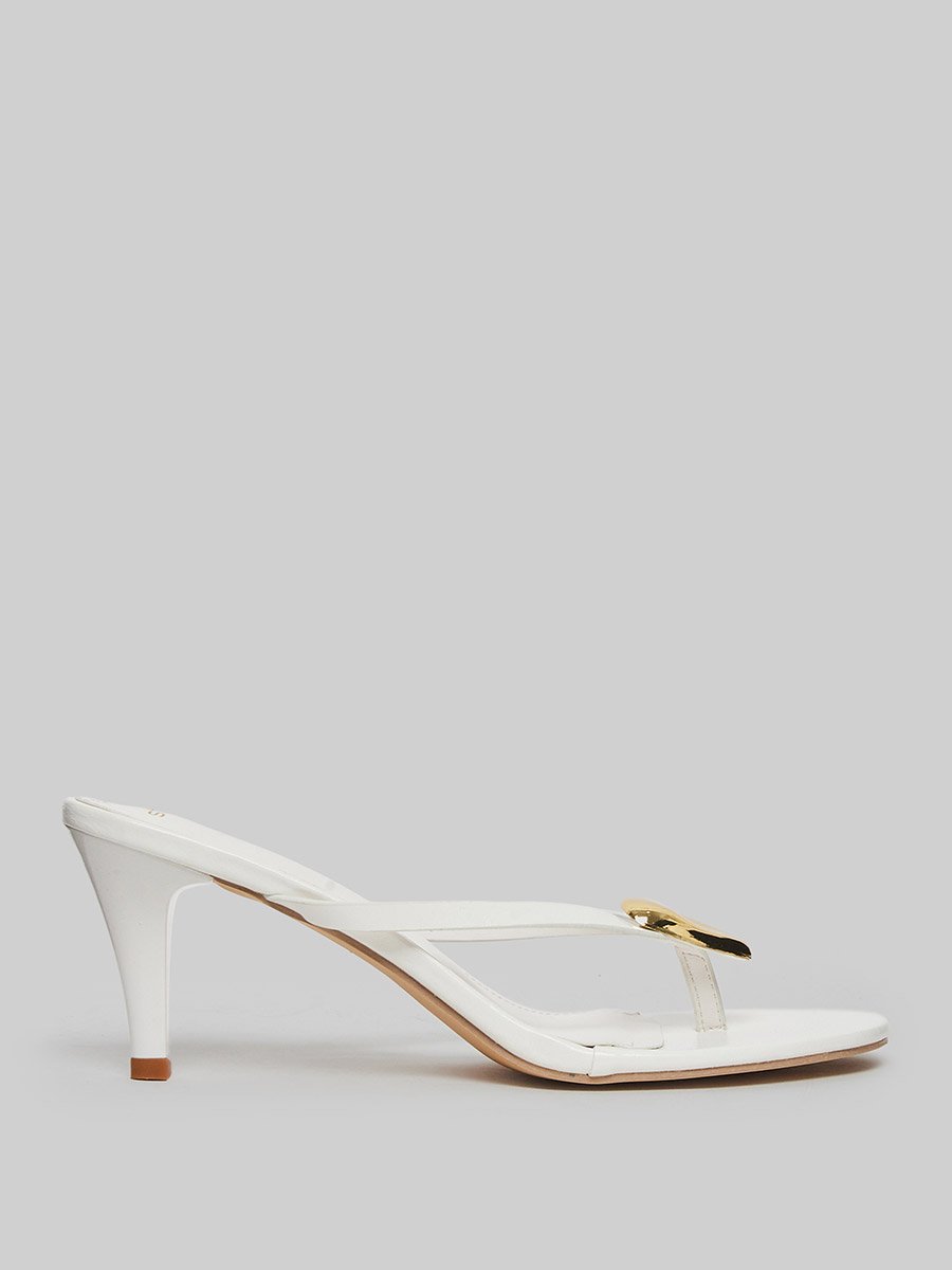 White Cone Heels Sandals with Gold Detail