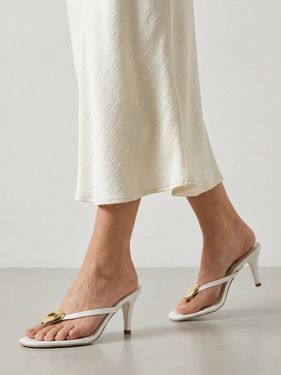 White Cone Heels Sandals with Gold Detail