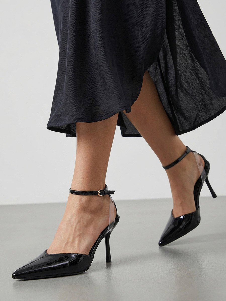 Black Patent Ankle Strap Pointed-Toe Shoes