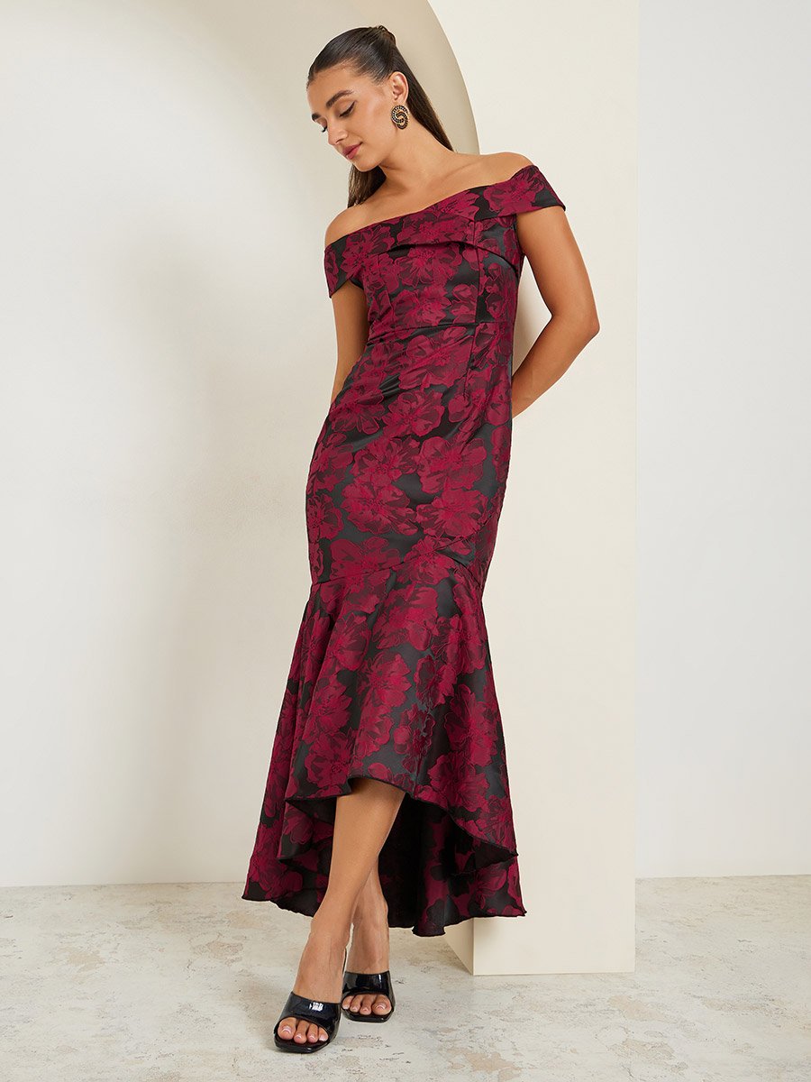 Women Jacquard Off Shoulder Maxi Evening Dress