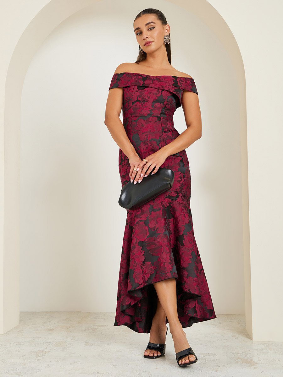 Women Jacquard Off Shoulder Maxi Evening Dress