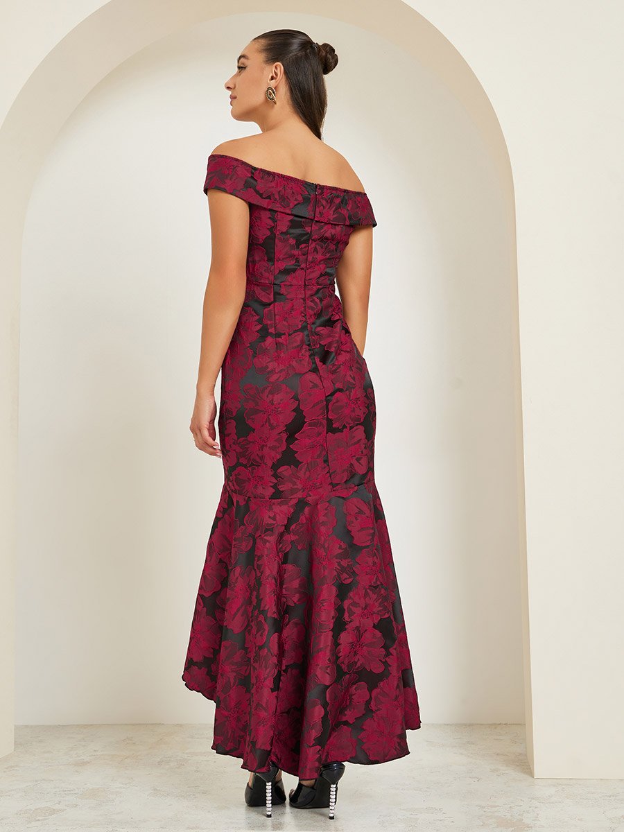 Women Jacquard Off Shoulder Maxi Evening Dress