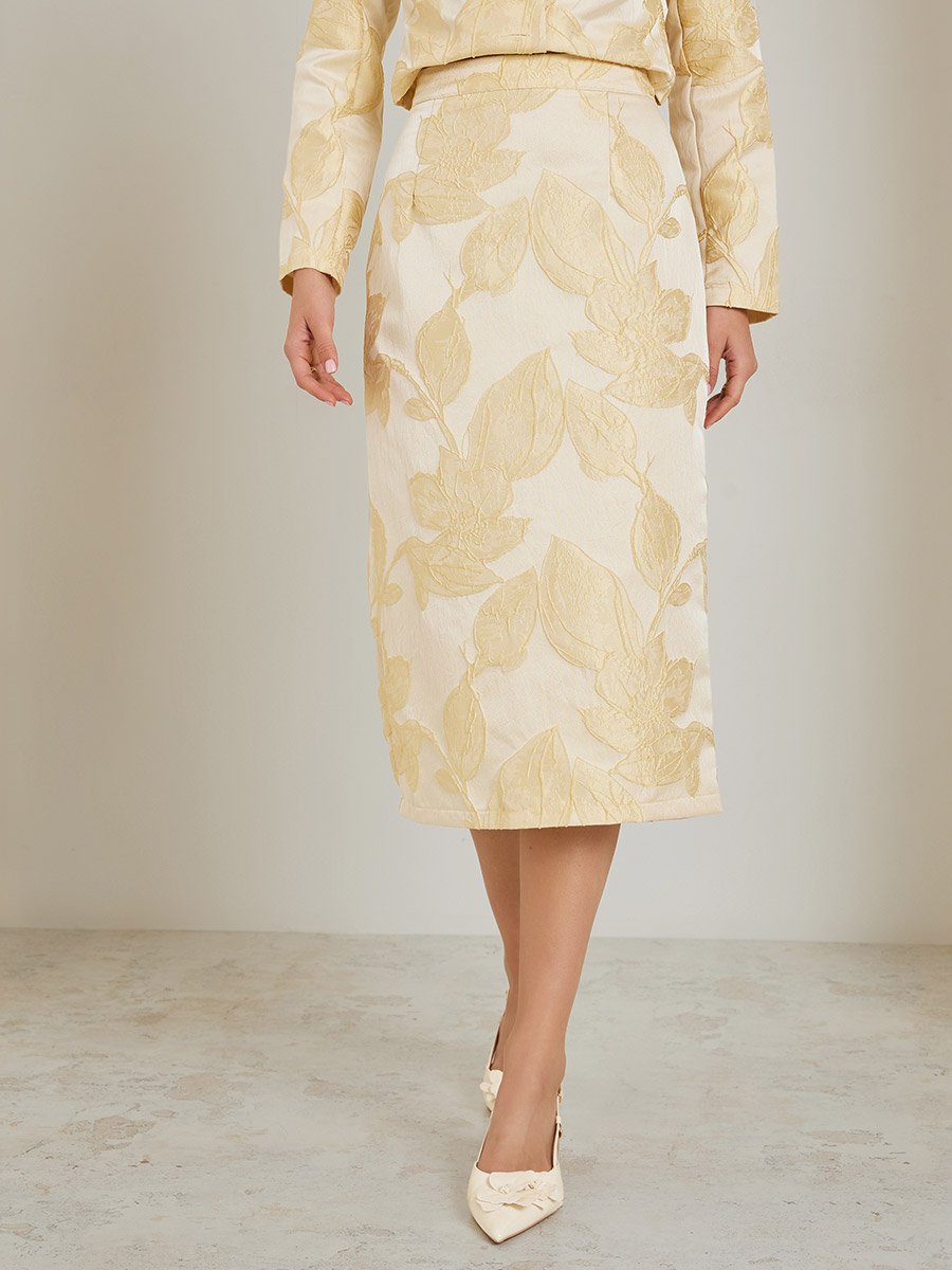 Cream Floral Jacquard Midi Skirt