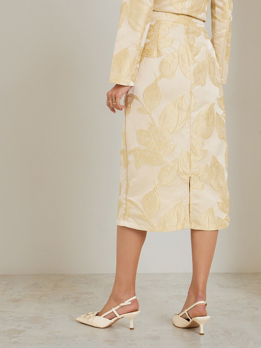 Cream Floral Jacquard Midi Skirt