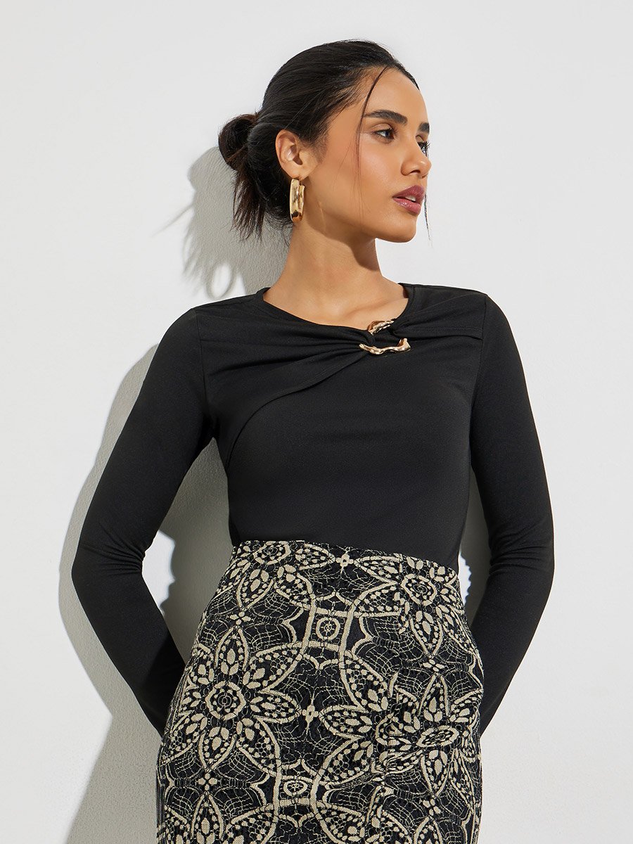 Black Knit Top with Gold Metal Detail