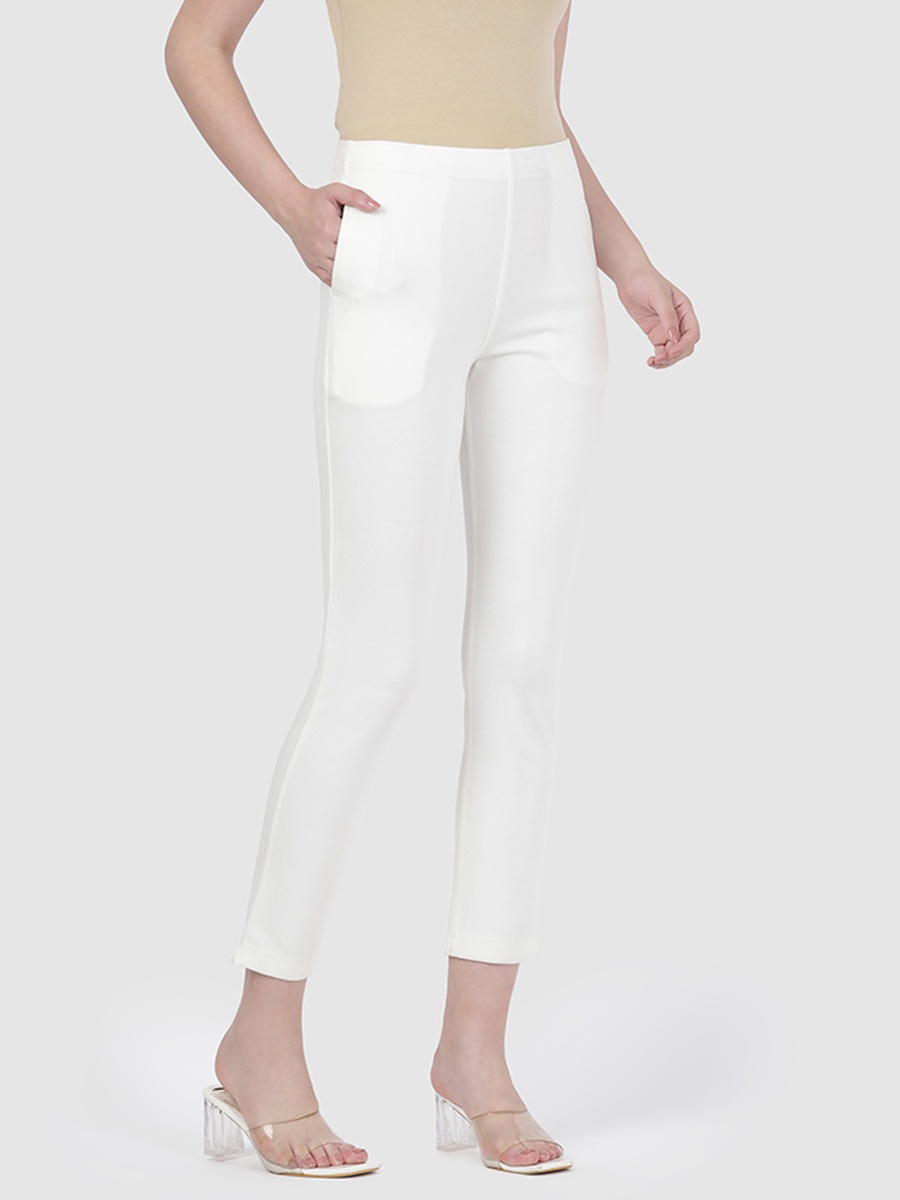 Women White Solid Mid Rise Kurti Pants