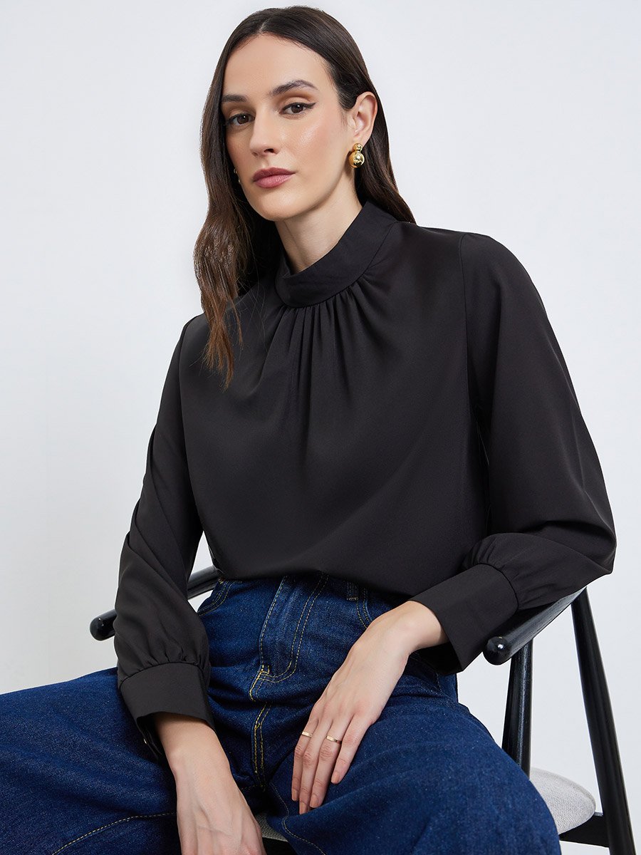 Women Black Solid Pleated Stand Collar Blouse