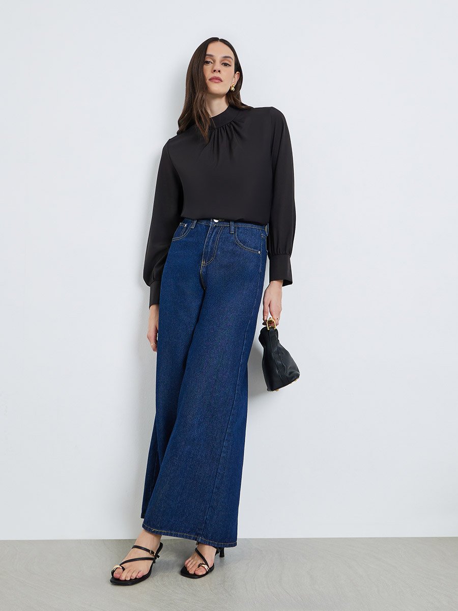 Women Black Solid Pleated Stand Collar Blouse