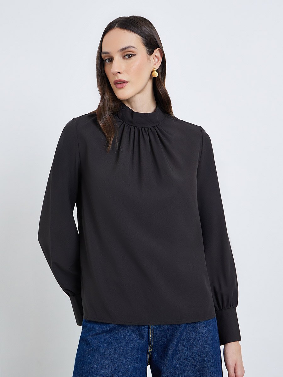 Women Black Solid Pleated Stand Collar Blouse