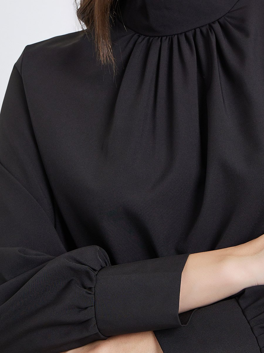 Women Black Solid Pleated Stand Collar Blouse