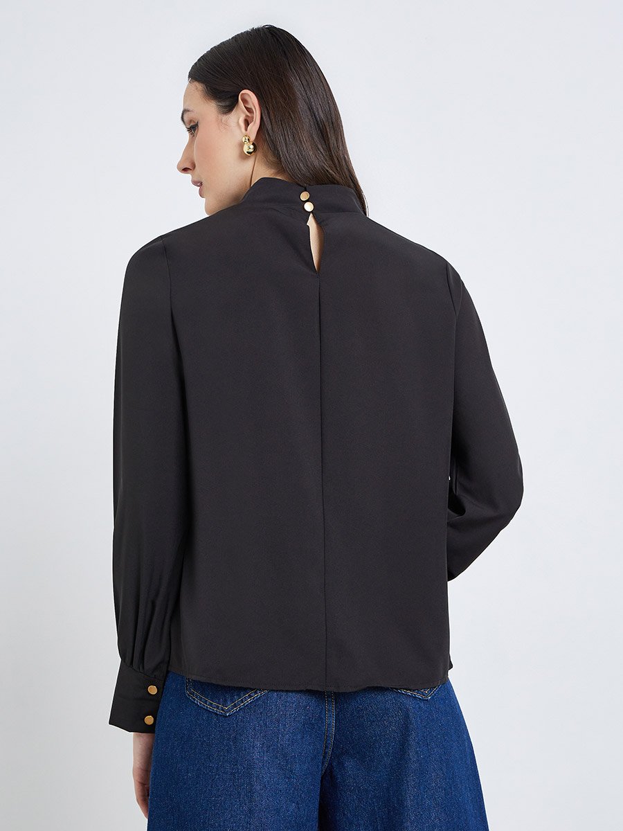Women Black Solid Pleated Stand Collar Blouse