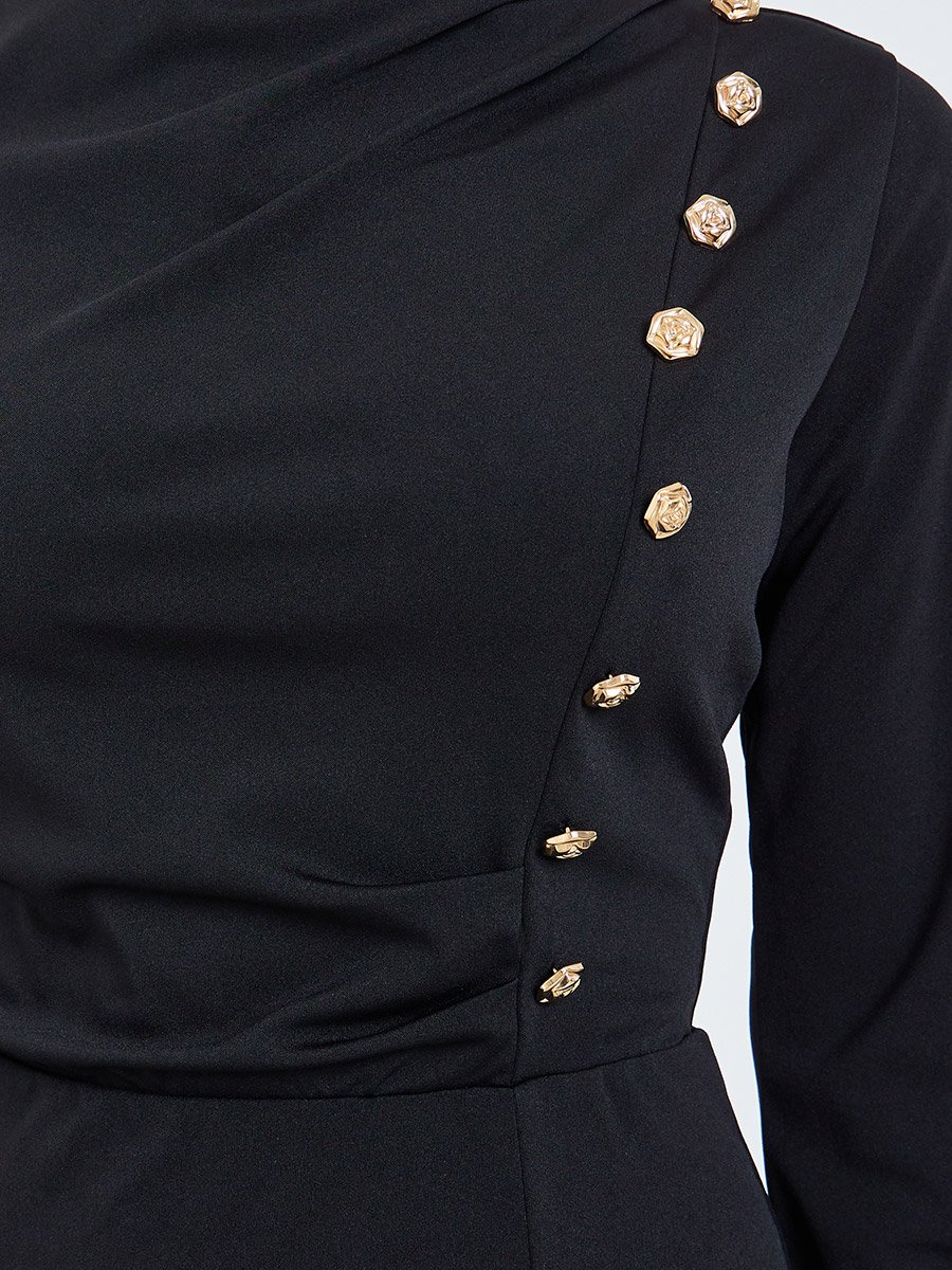 Women Black Buttoned Knee-Length Dress