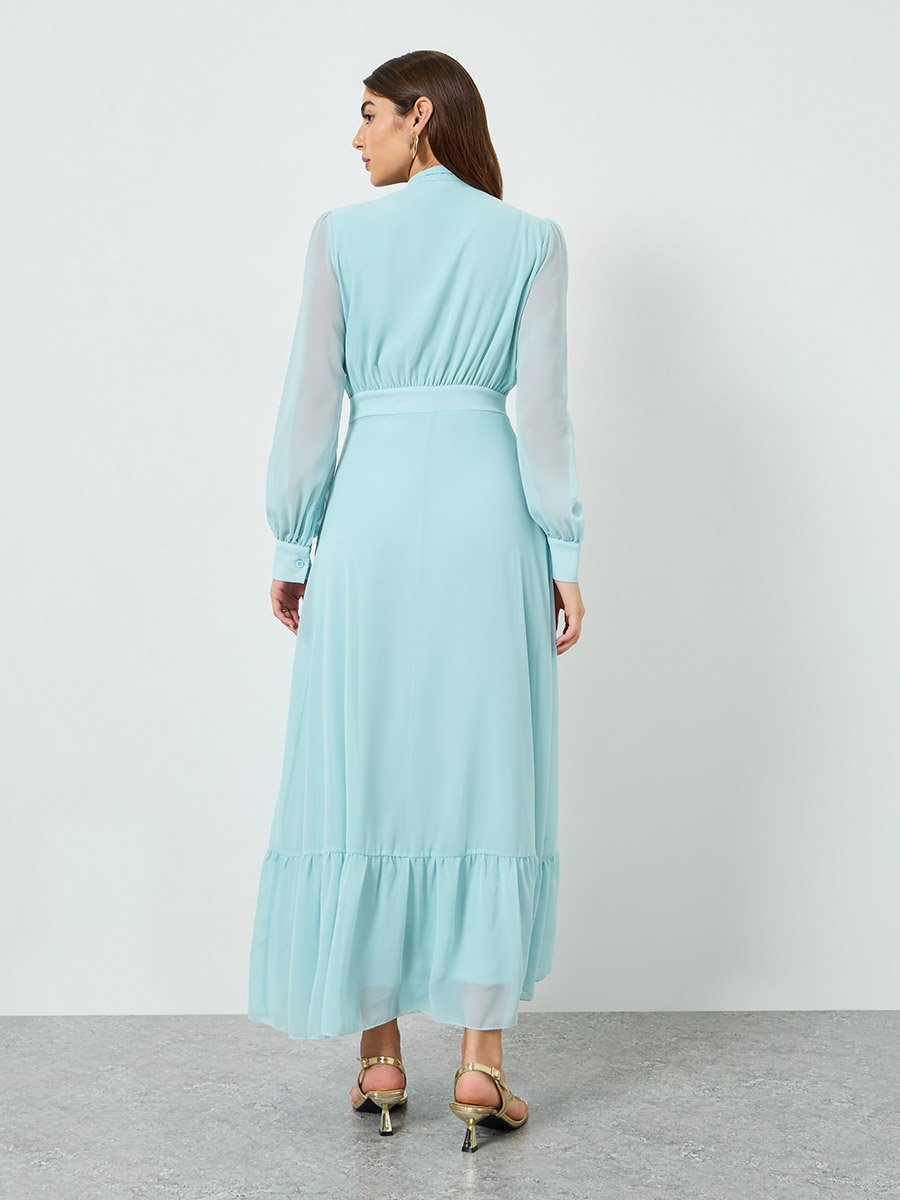 Women Blue Chiffon Tie Up Neck Maxi Dress For Women at UAE | Styli