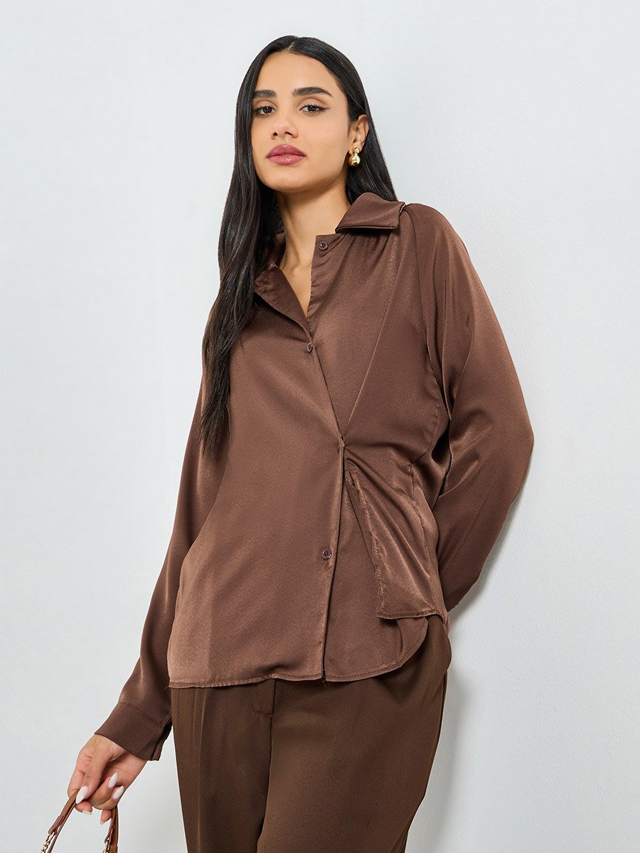 Brown Satin Wrap Long Sleeve Shirt
