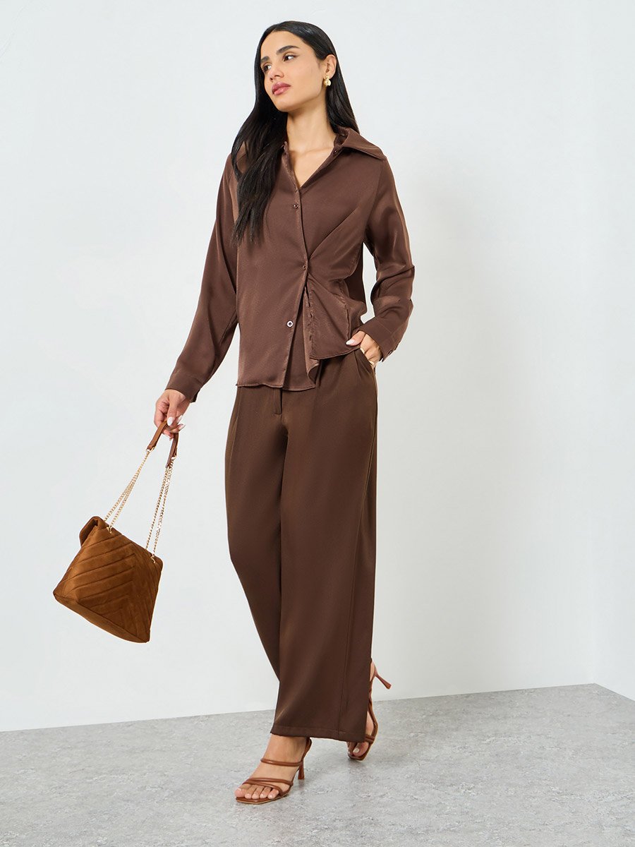 Brown Satin Wrap Long Sleeve Shirt