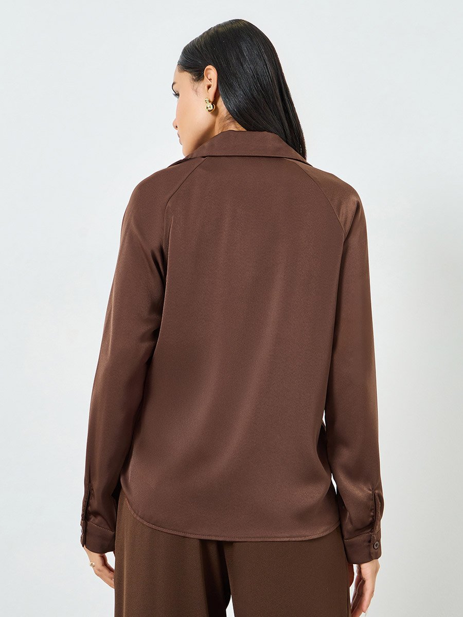 Brown Satin Wrap Long Sleeve Shirt